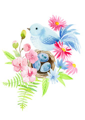 set of elements, nest with eggs, flowers, leaves, easter watercolor on white background.