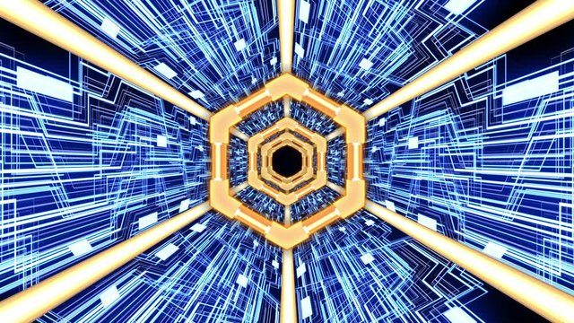 Abstract digital tunnel with hexagon borders and digital circuit in futuristic design (orange-blue)