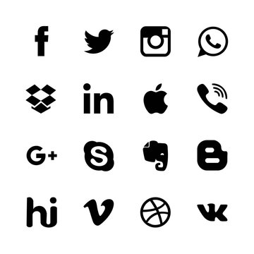 Set of popular social media icons printed on paper: Facebook, Twitter, Google Plus, Instagram, Pinterest, LinkedIn, Blogger, WhatsApp, Youtube,Tumblr and others