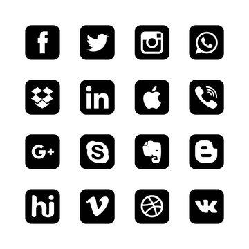 Set of popular social media icons printed on paper: Facebook, Twitter, Google Plus, Instagram, Pinterest, LinkedIn, Blogger, WhatsApp, Youtube,Tumblr and others