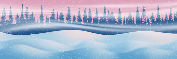 Fototapeta na wymiar Snow landscape, forest and blizzard. Sunset light. Festive Christmas background.