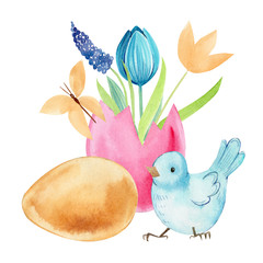 postcard, eggs, butterfly, nesting box flowers, tulip, birds, easter watercolor on white background.