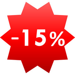 Sale - minus 15 percent - red gradient tag isolated - vector