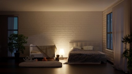 Empty room at night. Crib and bed. 3D rendering. 3D illustration.