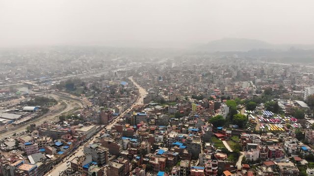 Aerial footage of urban unplanned settlement in Kathmandu valley in Nepal.