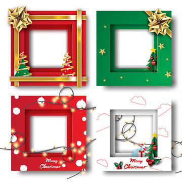 Merry Christmas and Happy new year border frame photo design set on transparency background.Creative origami paper cut and craft style.Holiday decoration gift card.Winter season vector illustration