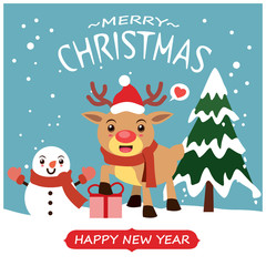 Vintage Christmas poster design with vector Snowman, reindeer characters.