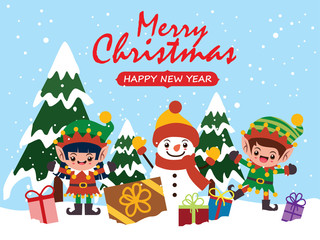 Vintage Christmas poster design with vector Snowman, elf characters.