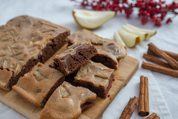 Sweet Christmas Chocolate Brownie with cinnamon and pear