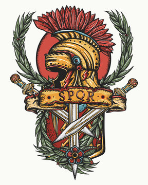 Ancient Rome tattoo. Soldier gladiator art. Italian history. Symbol of war, courage, strength. Spartan helmet, roman shield, crossed swords and laurel wreath