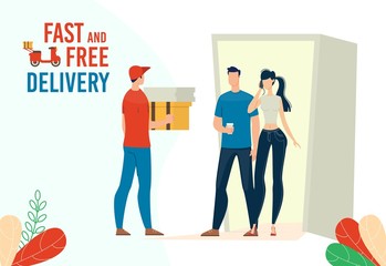 Store Goods, Fast Food Restaurant Orders Fast and Free Delivery Service Trendy Flat Vector Ad Banner, Promo Banner. Couple Calling to Order Pizza, Deliveryman Giving Boxes to Clients Illustration