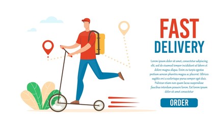 Fast Delivery Service, Logistics Company Trendy Flat Vector Web Banner, Landing Page Template. Deliveryman, Male Courier with Backpack on Back Riding Scooter, Delivering Clients Order Illustration