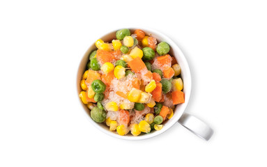Frozen vegetables in cup on white background.