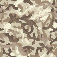 Camouflage pattern background seamless vector illustration. Classic clothing style, masking  sand camo repeat print. Beige, brown, ocher colors texture. 