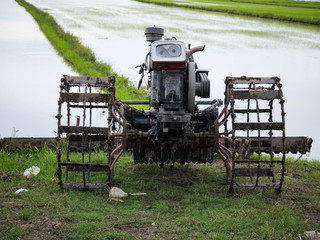 A static two wheels tractor with the paddy field in the background
