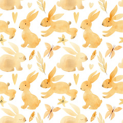 Easter watercolor, seamless pattern on a white background, flowers, leaves, butterflies, bunnies