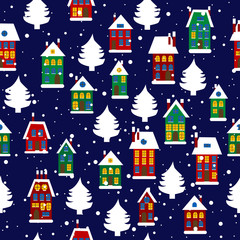 Winter Rural seamless pattern with houses and Christmas trees