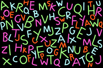 English alphabet on black background