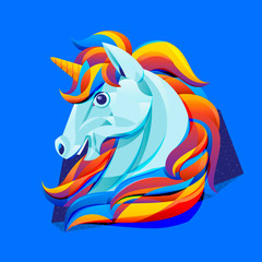 Vector illustration of cute cartoon unicorn with isolated blue background.