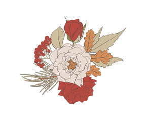 Autumn bouquet, flowers and leaves, vector