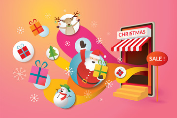 Santa Claus, Friends and Gifts Popping Out from Smartphone, Online Shopping Concept, Merry Christmas and Happy New Year