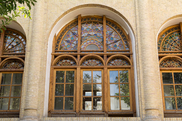 Obraz premium Renovated wooden arch windows, Masoudieh historic mansion from Qajar dynasty, built in 1879, Tehran, Iran