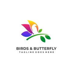 Butterfly Colorful and Bird Space With Leaf Design concept Illustration Vector Template