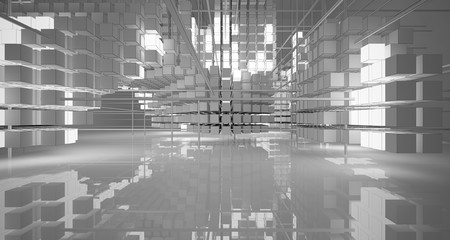 Abstract architectural white interior of  cubes with neon lighting. Drawing. 3D illustration and rendering.