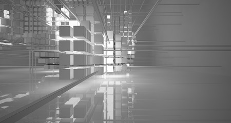 Abstract architectural white interior of  cubes with neon lighting. Drawing. 3D illustration and rendering.