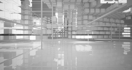 Abstract architectural white interior of  cubes with neon lighting. Drawing. 3D illustration and rendering.