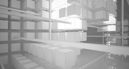 Abstract architectural white interior of  cubes with neon lighting. Drawing. 3D illustration and rendering.