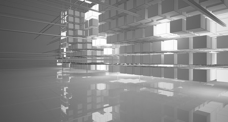 Abstract architectural white interior of  cubes with neon lighting. Drawing. 3D illustration and rendering.