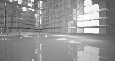 Abstract architectural white interior of  cubes with neon lighting. Drawing. 3D illustration and rendering.