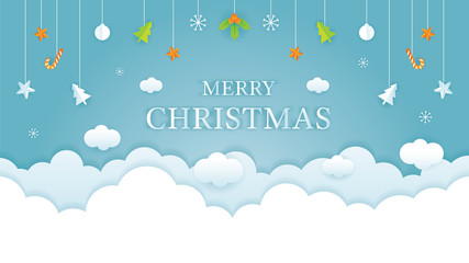 Christmas Cloud Background with Hanging Decorations, Paper Cutting, Origami Style, Merry Christmas and Happy New Year