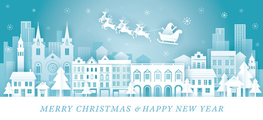 Santa Claus Riding Sleigh over City Background, Paper Cutting, Origami Style, Merry Christmas and Happy New Year