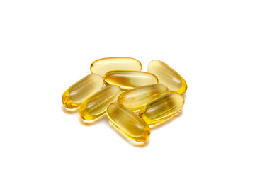 Vitamin e omega 3 fish oil yellow pills vitamins sport nutrition healthy on the white background isolated close up