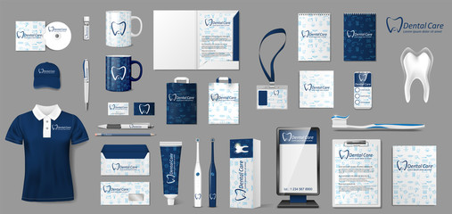 Corporate Stomatology dentist center Branding identity template design. Stationery mockup for Dental Clinic. Tooth template for your brand. Vector illustration