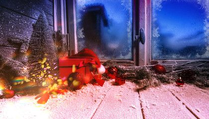 Winter window with snow and ice Christmas decoration gifts