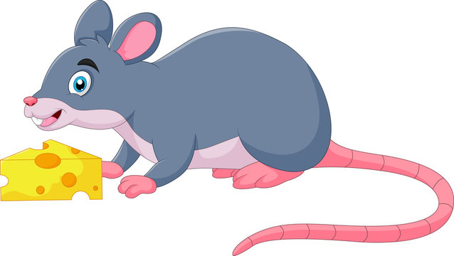 Funny cartoon mouse sniffs cheese
