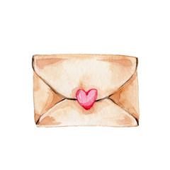 Obraz na płótnie Canvas The craft envelope with red heart; watercolor hand draw illustration; can be used for valentine's day; with white isolated background