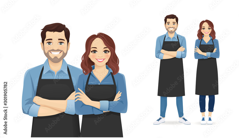 Wall mural smiling young man and woman in black aprons standing isolated vector illustration