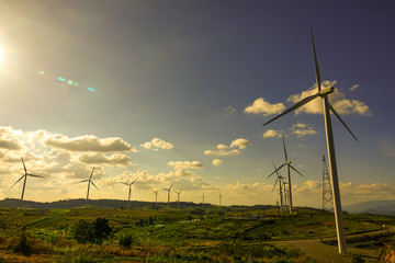 Wind turbine farm from clean energy. Wind power for electricity.