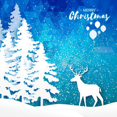 Paper cut deer in snowy forest and landscape. Merry Christmas Greeting card.Origami winter season. Happy New Year. Paper art style. Blue cosmos background. Snowafall. Garland.