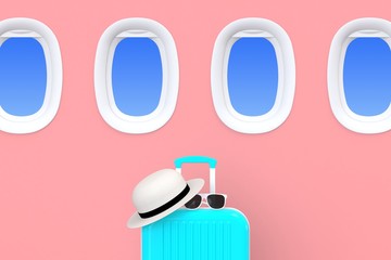 Close up modern blue suitcases bag with sun glasses, hat and airplane window on pink background. Travel concept. Vacation trip. Copy space. Minimal style. 3D rendering illustration