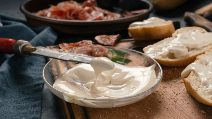Healthy breakfast. Cream cheese - an ingredient of delicious sandwiches. close up