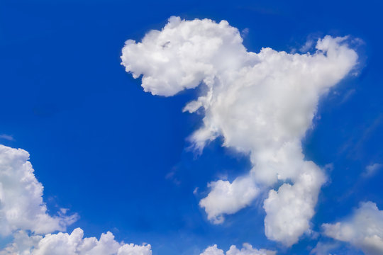 Animal cloud, Fresh blue sky with floated white soft and fluffy cloudy shown shaping like a dinosaur name Tyrannosaurus Rex was walking, Background for kid education or imagination learning for Child.