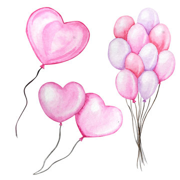 Happy Valentines Day set. Watercolor hand drawn Holiday illustration of flying pink balloon heart, isolated on white background. Festive decoration love romantic element for Valentine's Day or Wedding