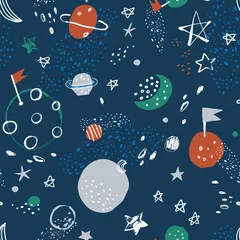Wall murals Cosmos Vector space seamless pattern. Cosmos doodle illustration. Seamless pattern with cartoon planets and stars. Vector illustration for wrapping paper, textile, surface textures, childish design.