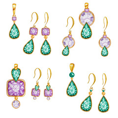 Beautiful jewelry set. Purple, Green crystal square, round gemstone beads with gold element. Watercolor drawing golden Pendant on chain and earrings hand drawn on white background.
