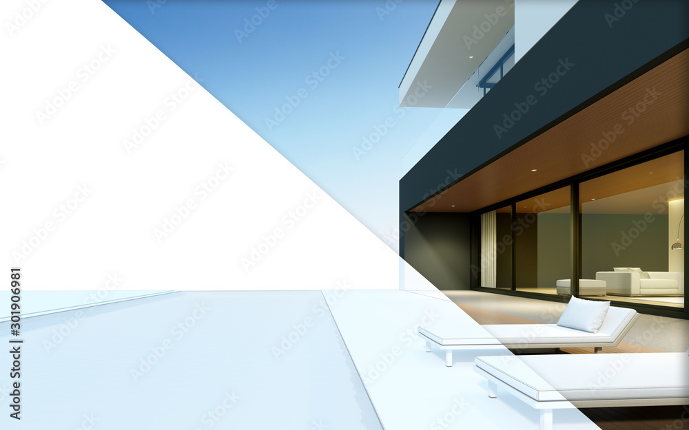 Poster Half frame perspective of luxury modern house with swimming pool on forest lake background and building wire-frame, Idea of minimal architecture design. 3D rendering